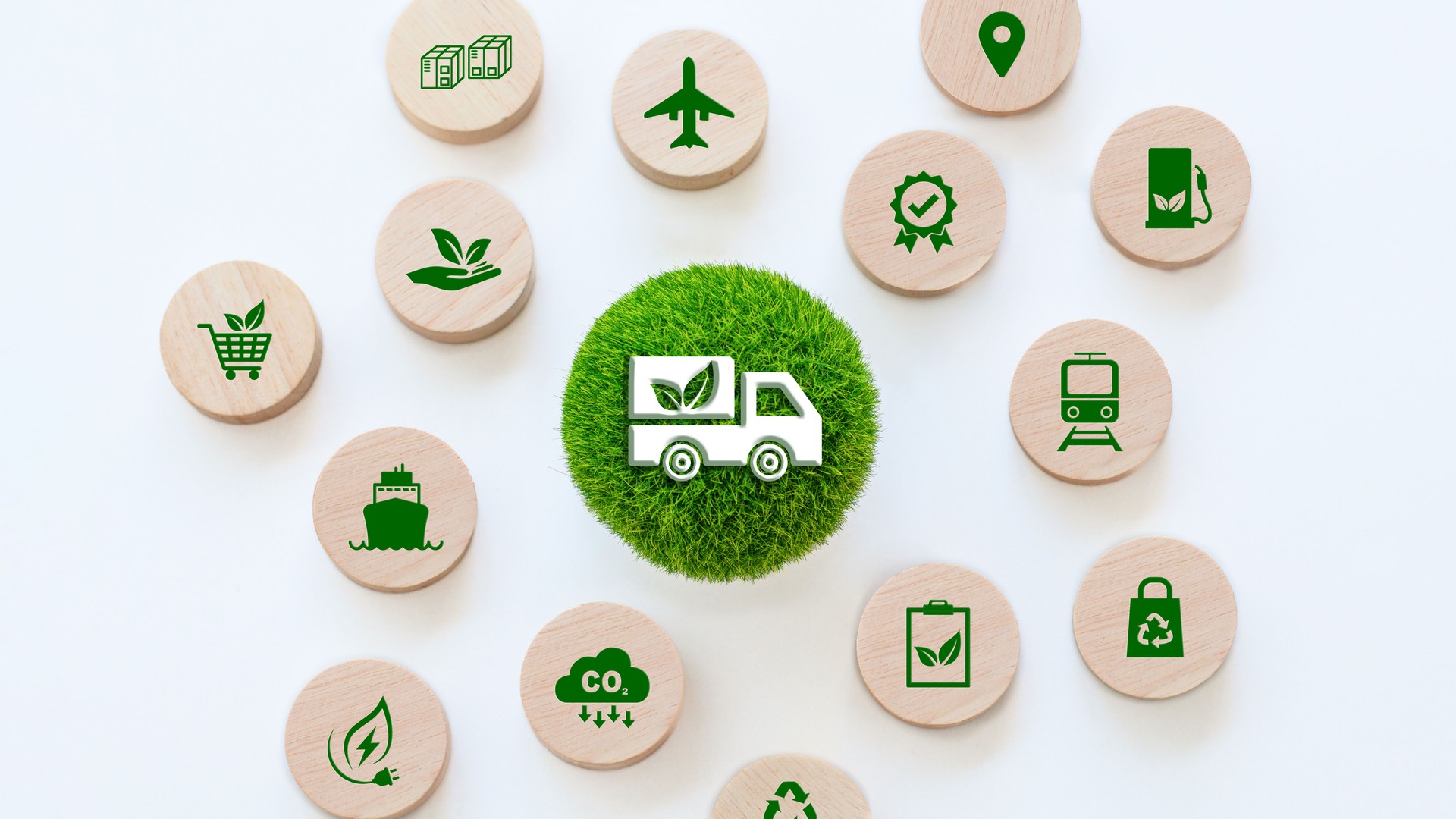 Concept of green logistics and supply chain with icons related to sustainable transport, eco-friendly distribution or shipping, smart solutions for cargo & import / export. green transportation.